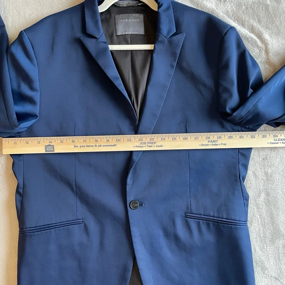 Zara High Sheen Satin Sport Coat EURO Sz 54 Blue Viscose Blazer Jacket US 22
